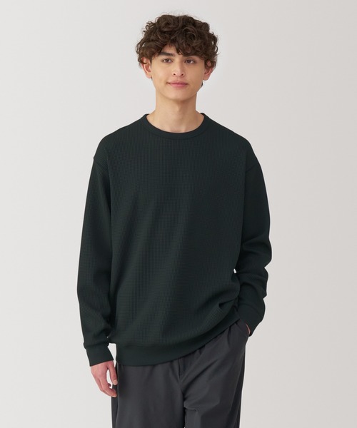 紳士 UVカット乾きやすいワッフルクルーネック長袖Tシャツ（T