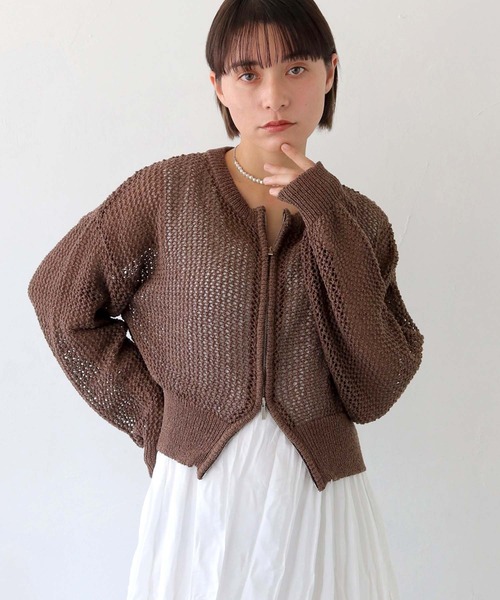 HER CLOSET（ハークローゼット）の「 【HER CLOSET】ダブルジップメッシュラメニットカーディガン DOUBLE ZIP MESH LAME KNIT CARDIGAN（カーディガン/ボレロ・レディース・アイボリー/ブラック/ブラウン・M）」の3枚目の写真