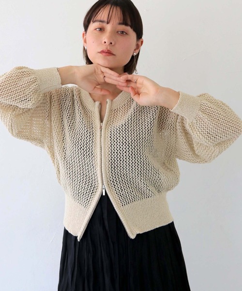 HER CLOSET（ハークローゼット）の「 【HER CLOSET】ダブルジップメッシュラメニットカーディガン DOUBLE ZIP MESH LAME KNIT CARDIGAN（カーディガン/ボレロ・レディース・アイボリー/ブラック/ブラウン・M）」の2枚目の写真