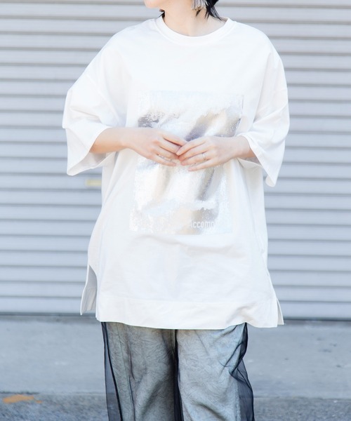 OSMOSIS（オズモーシス）の「箔ﾌﾟﾘﾝﾄTｼｬﾂ（Tシャツ/カットソー・レディース・ホワイト/ブラック/チャコール・ONE SIZE）」の20枚目の写真