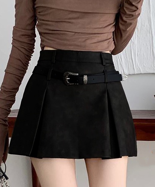 THE HITSS(ヒッツ)の「【インパン裏地あり】ウエスタンベルト付き フェイクレザー ボックス プリーツ ミニスカート スカパン(スカート・レディース・ブラック/ブラウン・M/L)」の7枚目の写真