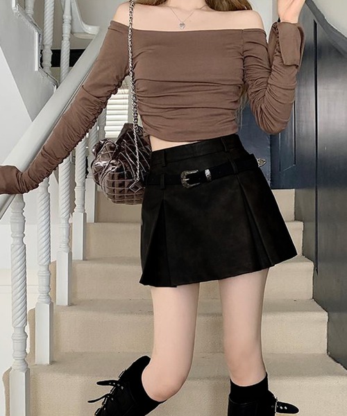 THE HITSS(ヒッツ)の「【インパン裏地あり】ウエスタンベルト付き フェイクレザー ボックス プリーツ ミニスカート スカパン(スカート・レディース・ブラック/ブラウン・M/L)」の5枚目の写真