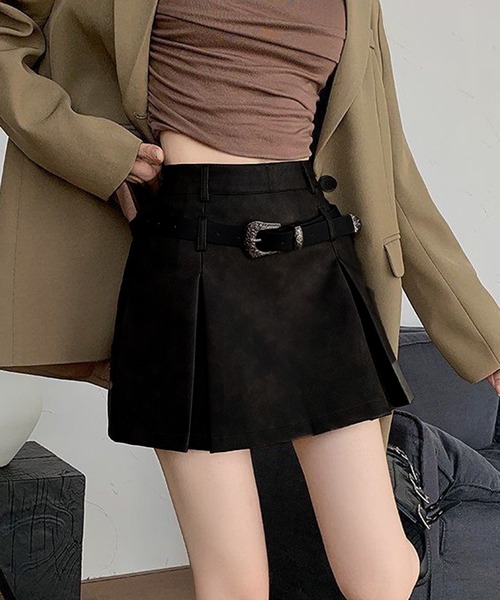 THE HITSS(ヒッツ)の「【インパン裏地あり】ウエスタンベルト付き フェイクレザー ボックス プリーツ ミニスカート スカパン(スカート・レディース・ブラック/ブラウン・M/L)」の6枚目の写真