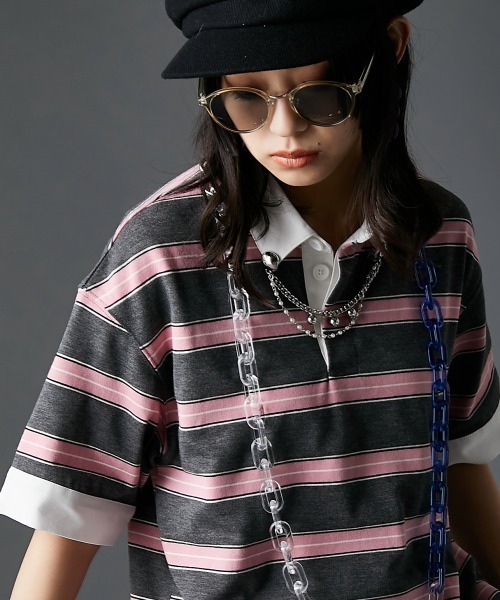 GEVS.（ジェイヴィス）の「ラガーシャツ＜大きいサイズ有＞GEVS.（Tシャツ/カットソー・レディース・ピンク系/グリーン系・M/L/LL/3L/4L/5L）」の8枚目の写真