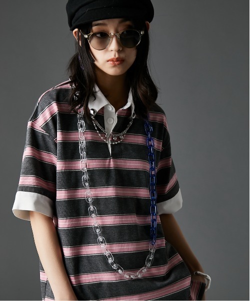 GEVS.（ジェイヴィス）の「ラガーシャツ＜大きいサイズ有＞GEVS.（Tシャツ/カットソー・レディース・ピンク系/グリーン系・M/L/LL/3L/4L/5L）」の9枚目の写真