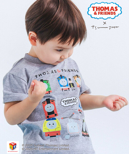 SLAP SLIP(スラップスリップ)の「【きかんしゃトーマス×つむぱぱ×SLAPSLIP】ギュギュっとTHOMAS&FRIENDSプリント半袖Tシャツ(80~120cm)(Tシャツ/カットソー・キッズ・グレー/ホワイト・90cm/80cm/120cm/100cm/110cm)」の1枚目の写真