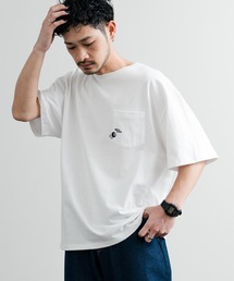 オーバーサイズワンポイント刺繍ポケット付きクルーネック半袖Tシャツ
