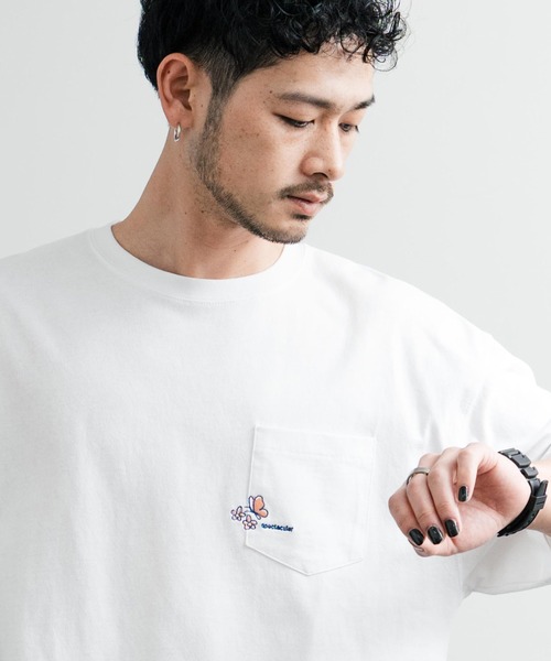 セール】オーバーサイズワンポイント刺繍ポケット付きクルー