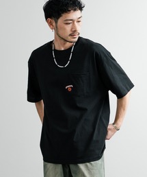 オーバーサイズワンポイント刺繍ポケット付きクルーネック半袖Tシャツ