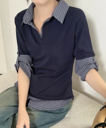 LADY LIKE（レディライク）の「【新色追加】【3色展開】フェイクレイヤード半袖ポロシャツ/チェック柄×無地（Tシャツ/カットソー）」