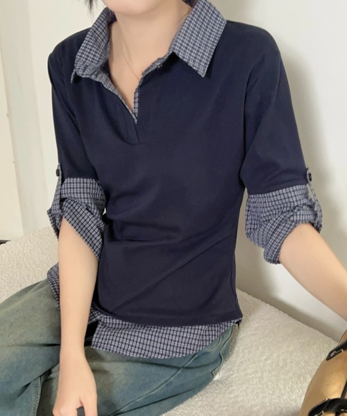 【新色追加】【3色展開】フェイクレイヤード半袖ポロシャツ/チェック柄×無地