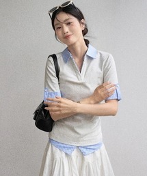 LADY LIKE（レディライク）の「【新色追加】【3色展開】フェイクレイヤード半袖ポロシャツ/チェック柄×無地（Tシャツ/カットソー）」