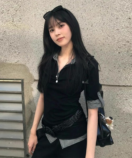 【新色追加】【3色展開】フェイクレイヤード半袖ポロシャツ/チェック柄×無地