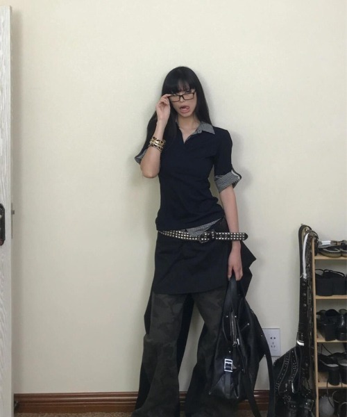 【新色追加】【3色展開】フェイクレイヤード半袖ポロシャツ/チェック柄×無地