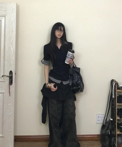 【新色追加】【3色展開】フェイクレイヤード半袖ポロシャツ/チェック柄×無地