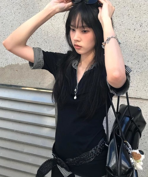 【新色追加】【3色展開】フェイクレイヤード半袖ポロシャツ/チェック柄×無地