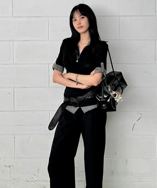 【新色追加】【3色展開】フェイクレイヤード半袖ポロシャツ/チェック柄×無地