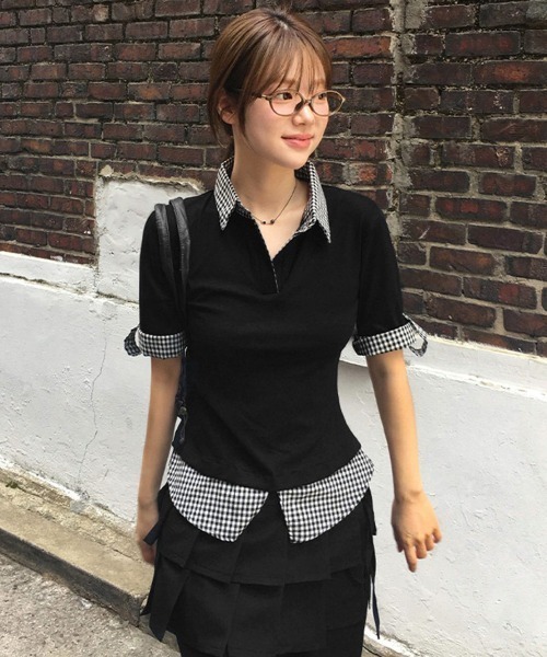 DIAVEL（ディアベル）の「【新色追加】【3色展開】フェイクレイヤード半袖ポロシャツ/チェック柄×無地（Tシャツ/カットソー・レディース・ブラック/グレー/ネイビー・M）」の20枚目の写真