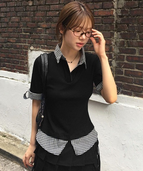 DIAVEL（ディアベル）の「【新色追加】【3色展開】フェイクレイヤード半袖ポロシャツ/チェック柄×無地（Tシャツ/カットソー・レディース・ブラック/グレー/ネイビー・M）」の21枚目の写真