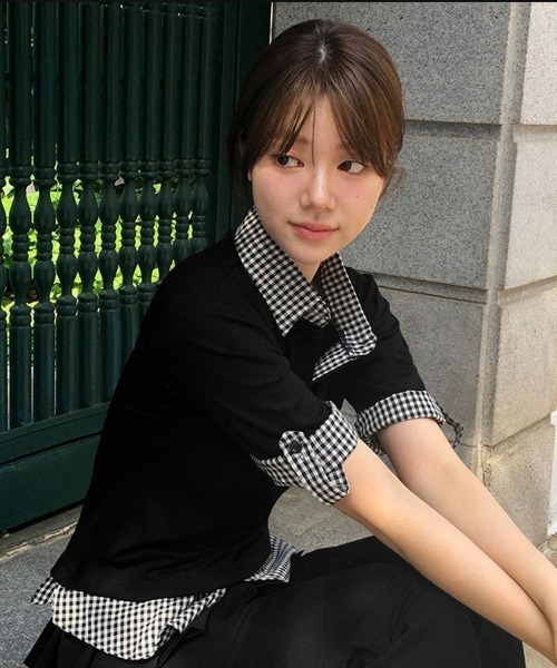 DIAVEL（ディアベル）の「【新色追加】【3色展開】フェイクレイヤード半袖ポロシャツ/チェック柄×無地（Tシャツ/カットソー・レディース・ブラック/グレー/ネイビー・M）」の22枚目の写真