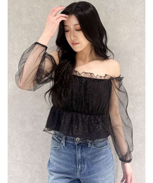 GYDA（ジェイダ）の「ラメチュールオフショルブラウス（シャツ/ブラウス・レディース・スカイブルー/ブラック・FREE）」の4枚目の写真