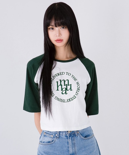 muahmuah(ムーアムーア)の「A'GEM/9 × .kom 『muah muah/ムーアムーア』CIRCLE LOGO RAGLAN HALF T-SHIRT/ステッチロゴラグラン Tシャツ(Tシャツ/カットソー・レディース・ダークグリーン/ベージュ/ブラック・FREE)」の16枚目の写真