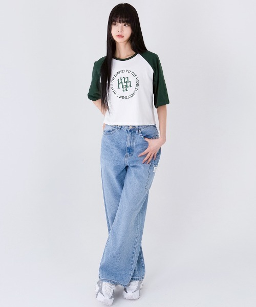muahmuah(ムーアムーア)の「A'GEM/9 × .kom 『muah muah/ムーアムーア』CIRCLE LOGO RAGLAN HALF T-SHIRT/ステッチロゴラグラン Tシャツ(Tシャツ/カットソー・レディース・ダークグリーン/ベージュ/ブラック・FREE)」の18枚目の写真