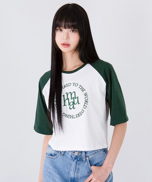 muahmuah(ムーアムーア)の「A'GEM/9 × .kom 『muah muah/ムーアムーア』CIRCLE LOGO RAGLAN HALF T-SHIRT/ステッチロゴラグラン Tシャツ(Tシャツ/カットソー・レディース・ダークグリーン/ベージュ/ブラック・FREE)」の15枚目の写真