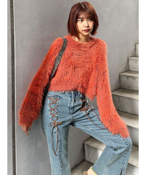 MURUA（ムルーア）の「レースアップフレアデニム（デニムパンツ・レディース・ブルー/ブラック・1/2）」の7枚目の写真