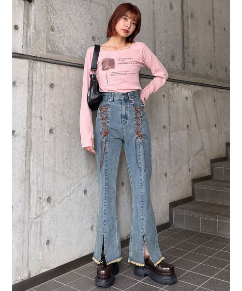 B00409 ムルーアMURUA フロントスリットＤＥＮＩＭデニムパンツ レースアップフレアデニム（デニムパンツ）｜MURUA（ムルーア