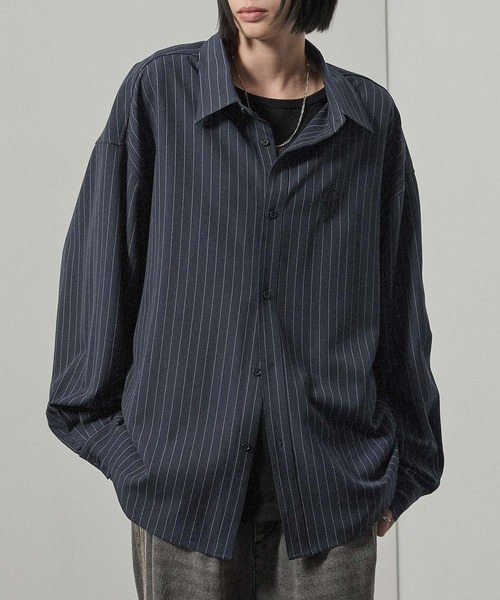 Alfred Alex（アルフレッドアレックス）の「【Alfred Alex】ストライプ ワンポイント刺繍 オーバーサイズレギュラーカラーシャツ（シャツ/ブラウス・メンズ・ネイビー/ワイン/ブラック・L/M）」の7枚目の写真