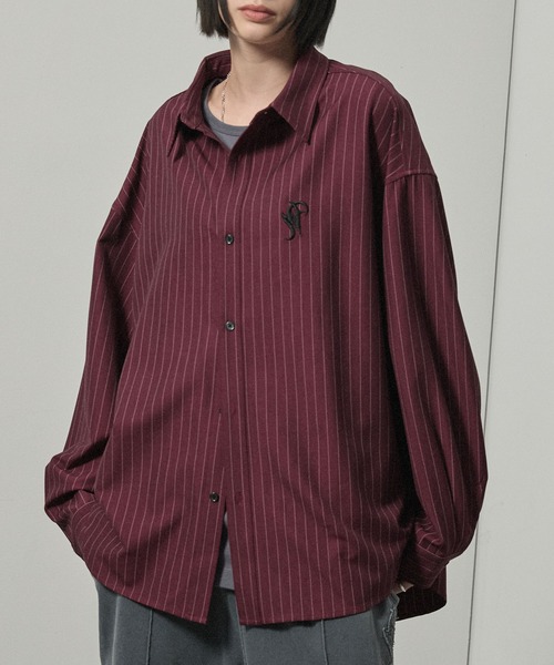 Alfred Alex（アルフレッドアレックス）の「【Alfred Alex】ストライプ ワンポイント刺繍 オーバーサイズレギュラーカラーシャツ（シャツ/ブラウス・メンズ・ネイビー/ワイン/ブラック・L/M）」の16枚目の写真