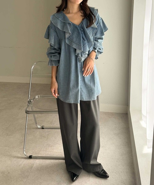 トップス nyan セール】ビッグカラーフリルデニムブラウス（シャツ/ブラウス）｜RANAN