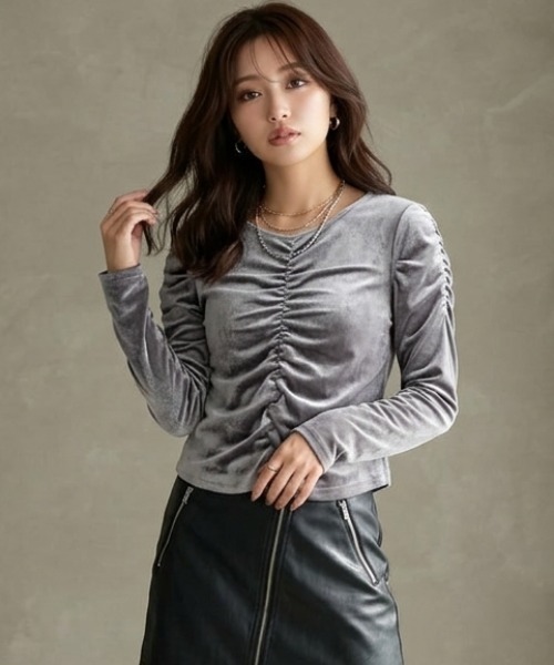 DIP IN CHOCOLATE（ディップインチョコレート）の「シャーリングベロアトップス【DIP IN CHOCOLATE】（Tシャツ/カットソー・レディース・オフホワイト/ブラウン/ブラック/ライトグレー・F）」の3枚目の写真