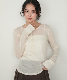 【forksy.】シアーヘンリーネックラウンドヘムロングスリーブトップス