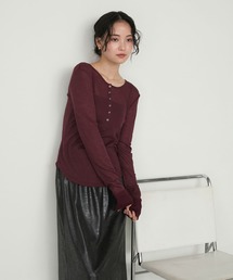 【forksy.】シアーヘンリーネックラウンドヘムロングスリーブトップス