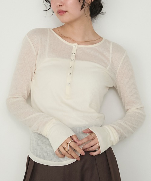 forksy.】シアーヘンリーネックラウンドヘムロングスリーブトップス