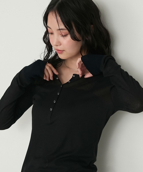 forksy.】シアーヘンリーネックラウンドヘムロングスリーブトップス