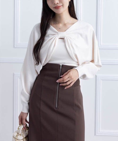 clear（クリア）の「マルチwayリボンアンサンブルニットトップス[着回し力抜群 ガーリー]（ニット/セーター・レディース・ボルドー/ブラック/アイボリー/グレー/ブラウン・F）」の2枚目の写真