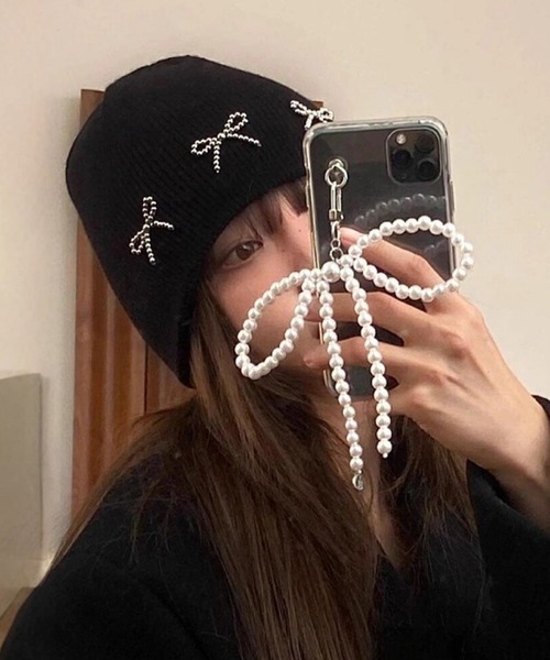 Lace Ladies(レースレディース)の「パール リボン ニット ビーニー キャップ(ニットキャップ/ビーニー・レディース・ブラック/グレー・FREE)」の5枚目の写真