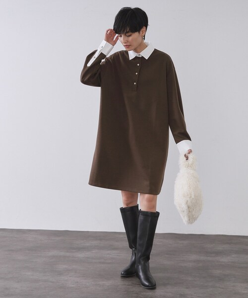 OPAQUE.CLIP(オペークドットクリップ)の「ポロ衿配色ミニワンピース【洗濯機OK】(ワンピース・レディース・ブラック/ブラウン系その他・36/38/40)」の1枚目の写真