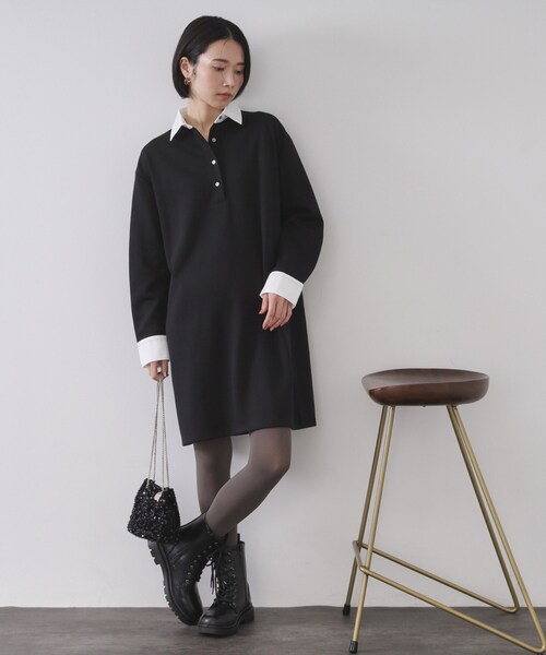 OPAQUE.CLIP(オペークドットクリップ)の「ポロ衿配色ミニワンピース【洗濯機OK】(ワンピース・レディース・ブラック/ブラウン系その他・36/38/40)」の2枚目の写真