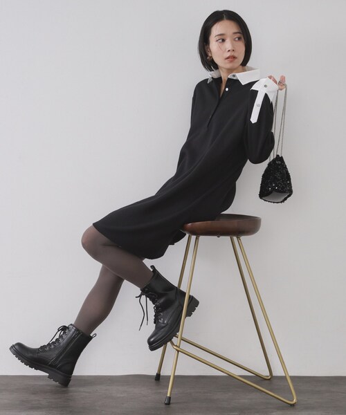 OPAQUE.CLIP(オペークドットクリップ)の「ポロ衿配色ミニワンピース【洗濯機OK】(ワンピース・レディース・ブラック/ブラウン系その他・36/38/40)」の6枚目の写真