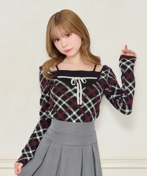 ♥最新作【新品】スーパービューティーベロア×チェック柄胸元レース使いセーター44 ♥最新作【新品】スーパービューティーベロア×チェック柄胸元レース