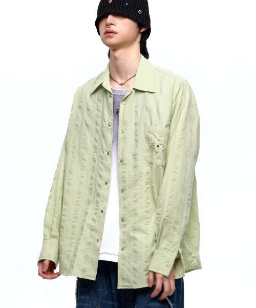 RSSC(アールエスエスシー)の「RIVET WRINKLE STRIPE SHIRT - DUSTY GREEN(シャツ/ブラウス・レディース・その他・1/2)」の1枚目の写真