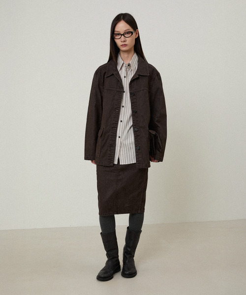 LMOOD（エルムード）の「(W) ブルーノベルベットデニムハーフコートブラウン（トレンチコート・レディース・その他・36/38）」の2枚目の写真