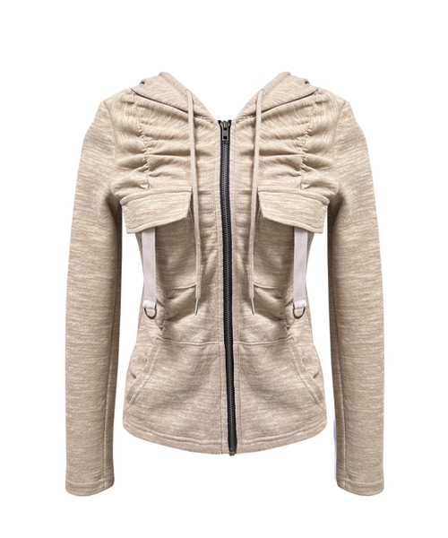 SHIRRING CARGO HOOD ZIP‑UP — карго‑худи с драпировкой, бежевый