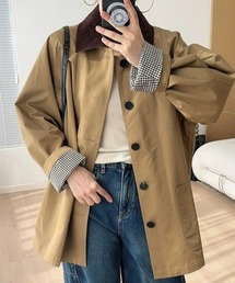袖口から覗くチェックがおしゃれな切替異素材テーラードジャケット