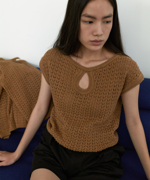 セール】ネットニットカーディガン_キャメル（カーディガン/ボレロ