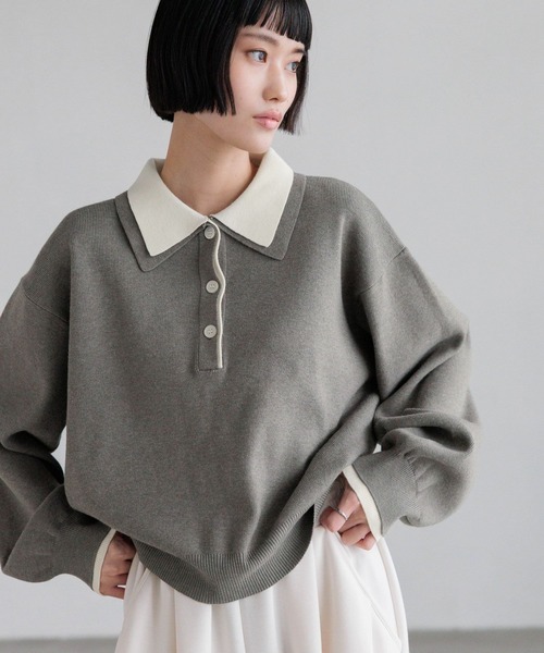 LOWRYS FARM（ローリーズファーム）の「バイカラーポロニットロングスリーブ　636126（ニット/セーター・レディース・グレー/ブラウン/ブラック・FREE）」の3枚目の写真